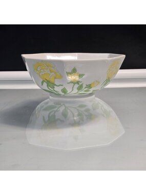 Fitz And Floyd Porcelain Octagon Bowl In Yellow Rose Pattern Vintage 1975